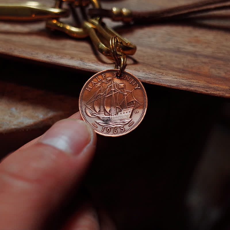 Mechanic Style Antique Brass Coin Belt Clip Leather Keychain - image 7