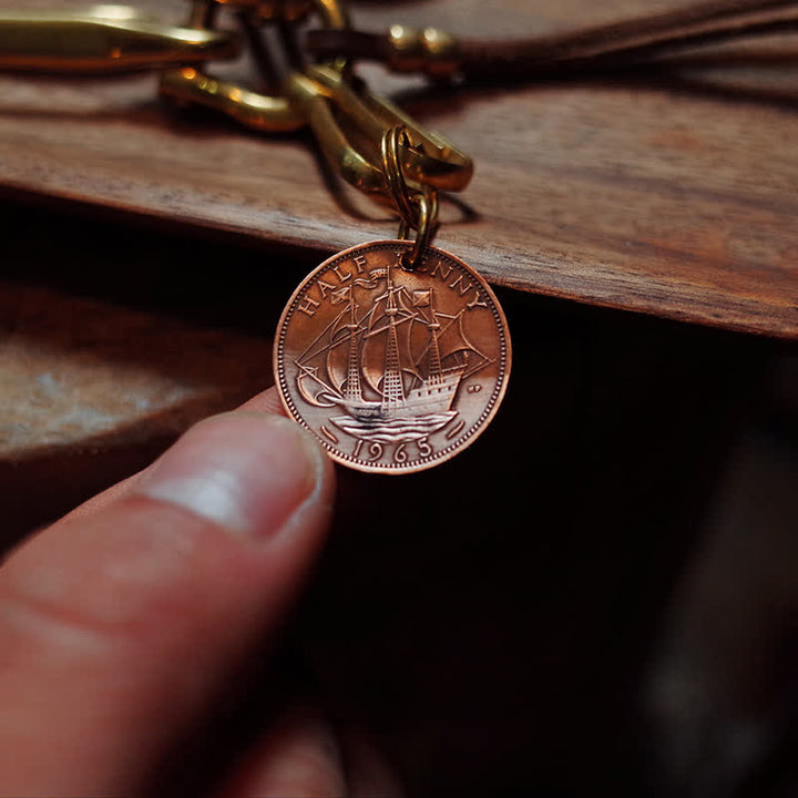 Mechanic Style Antique Brass Coin Belt Clip Leather Keychain - image 7