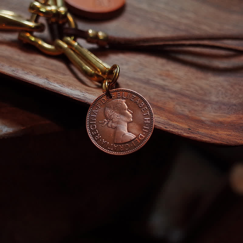 Mechanic Style Antique Brass Coin Belt Clip Leather Keychain - image 6