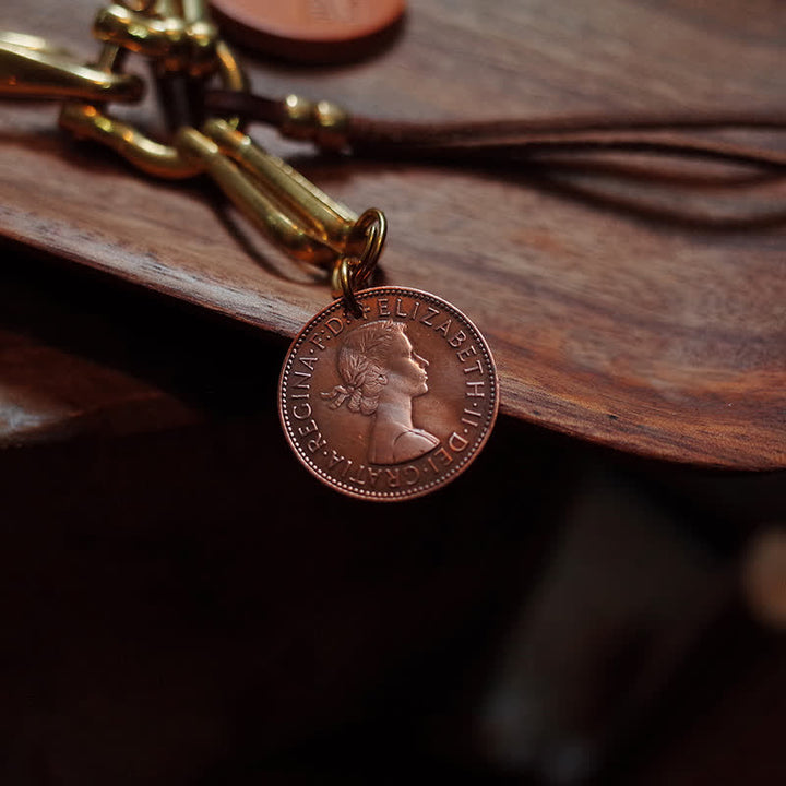 Mechanic Style Antique Brass Coin Belt Clip Leather Keychain - image 6