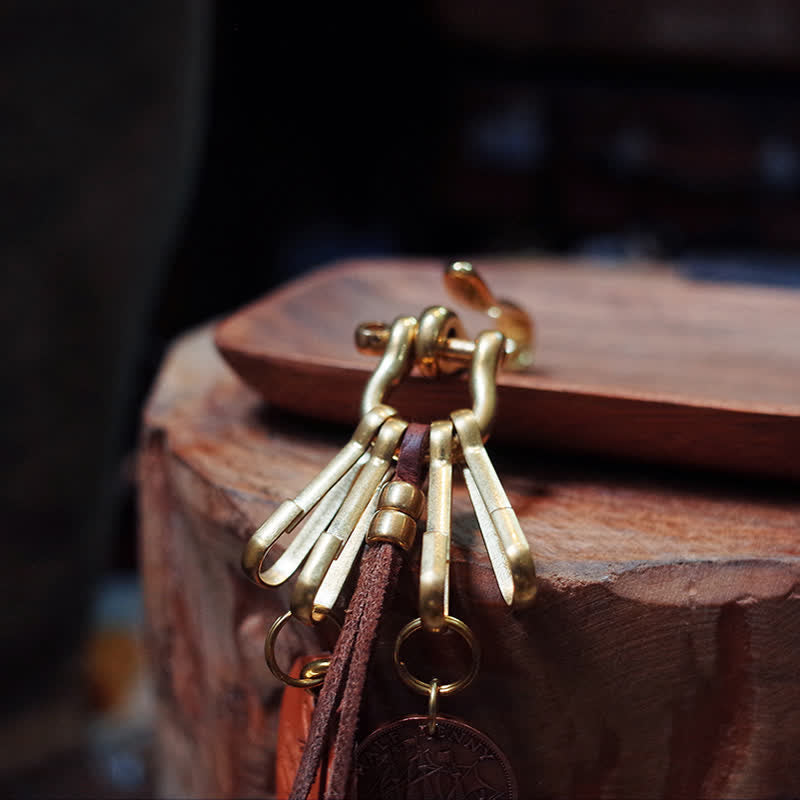 Mechanic Style Antique Brass Coin Belt Clip Leather Keychain - image 11