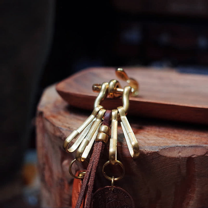 Mechanic Style Antique Brass Coin Belt Clip Leather Keychain - image 11