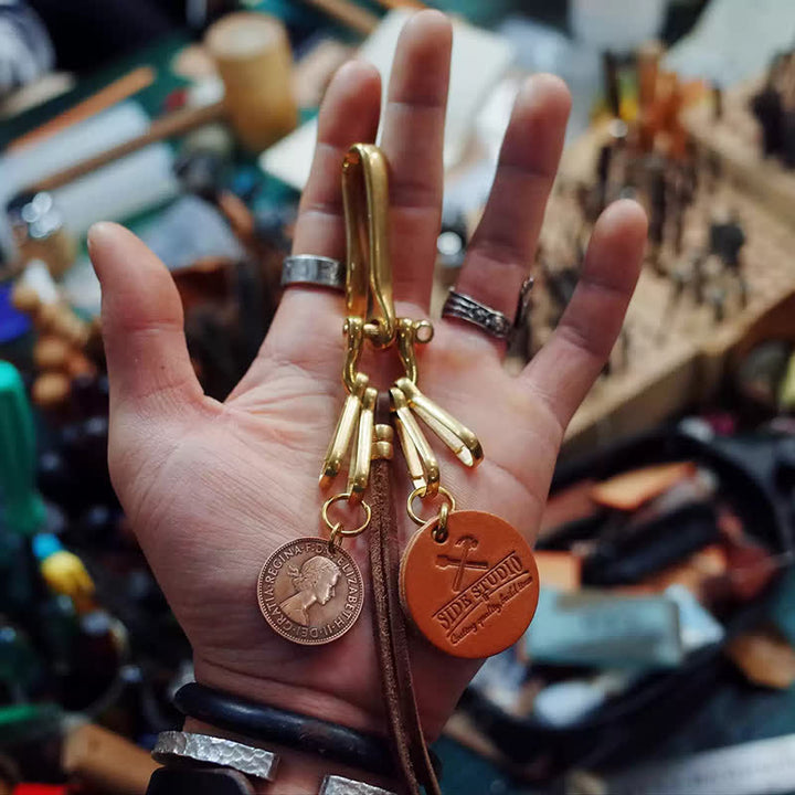 Mechanic Style Antique Brass Coin Belt Clip Leather Keychain - image 1