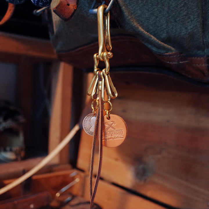 Mechanic Style Antique Brass Coin Belt Clip Leather Keychain