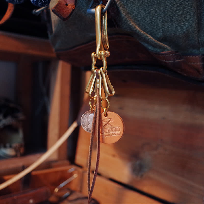 Mechanic Style Antique Brass Coin Belt Clip Leather Keychain - image 4