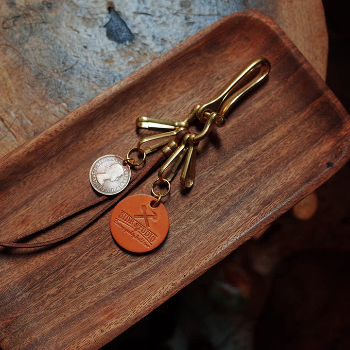 Mechanic Style Antique Brass Coin Belt Clip Leather Keychain - image 5