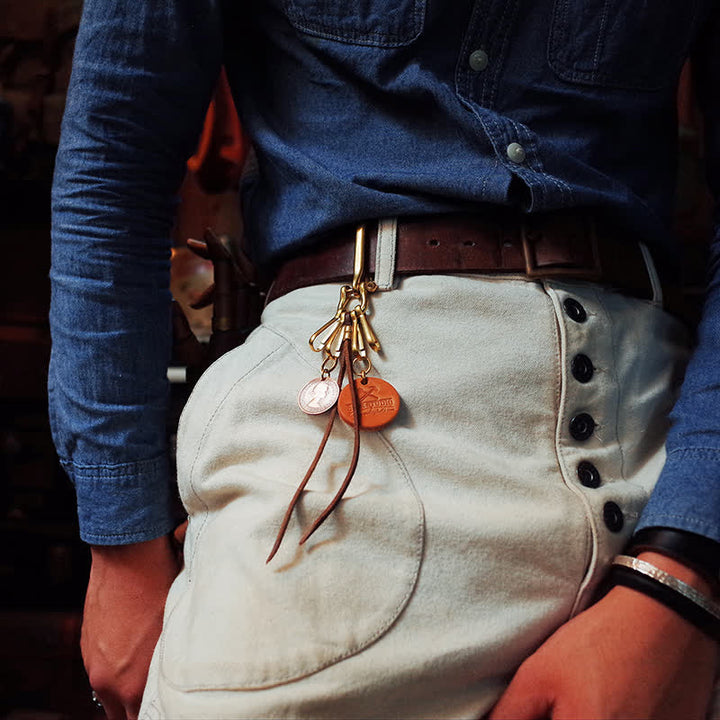 Mechanic Style Antique Brass Coin Belt Clip Leather Keychain - image 3
