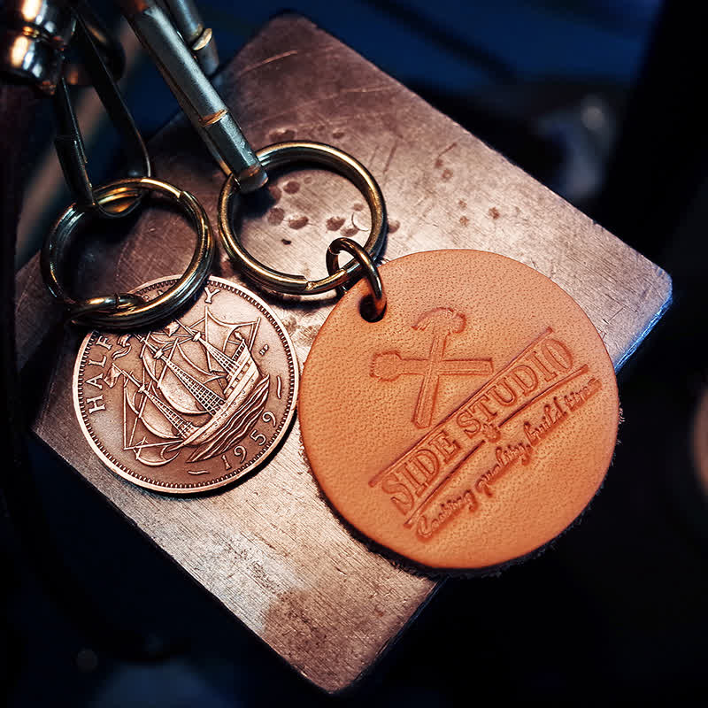 Mechanic Style Antique Brass Coin Belt Clip Leather Keychain - image 8