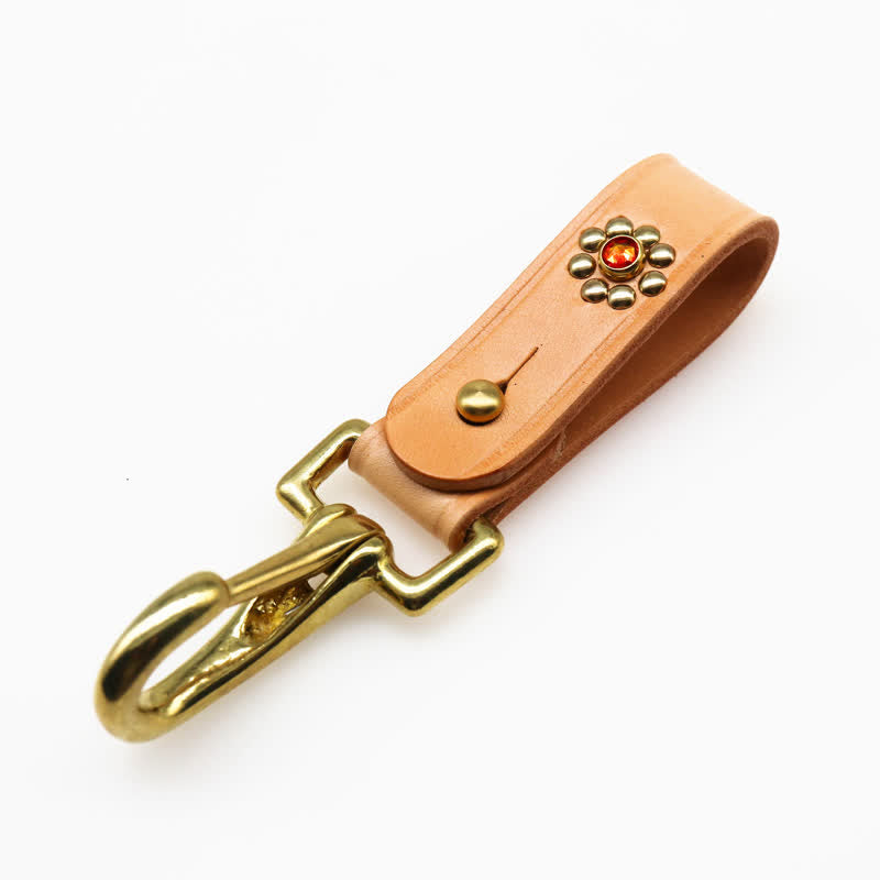 Rivets Studded Brass Key Holder Belt Clip Leather Keychain - Style #1 - Camel - image 1