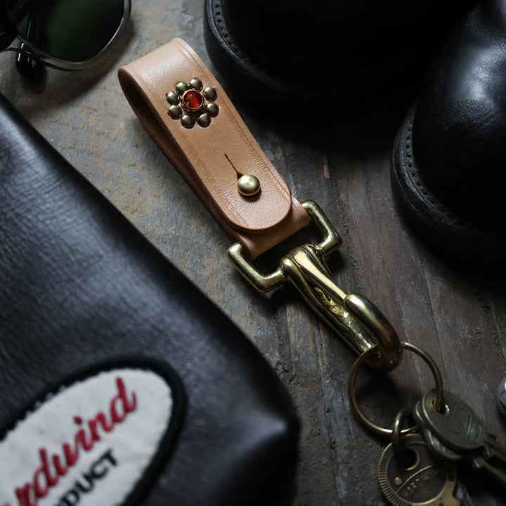 Rivets Studded Brass Key Holder Belt Clip Leather Keychain - image 2