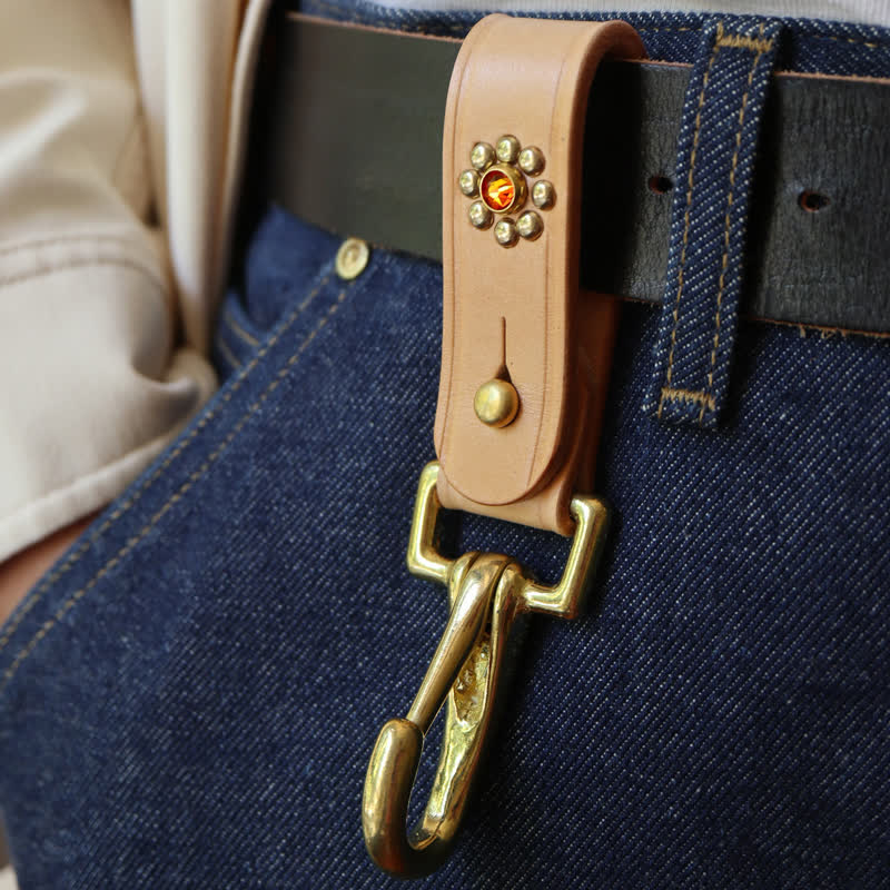 Rivets Studded Brass Key Holder Belt Clip Leather Keychain - image 4