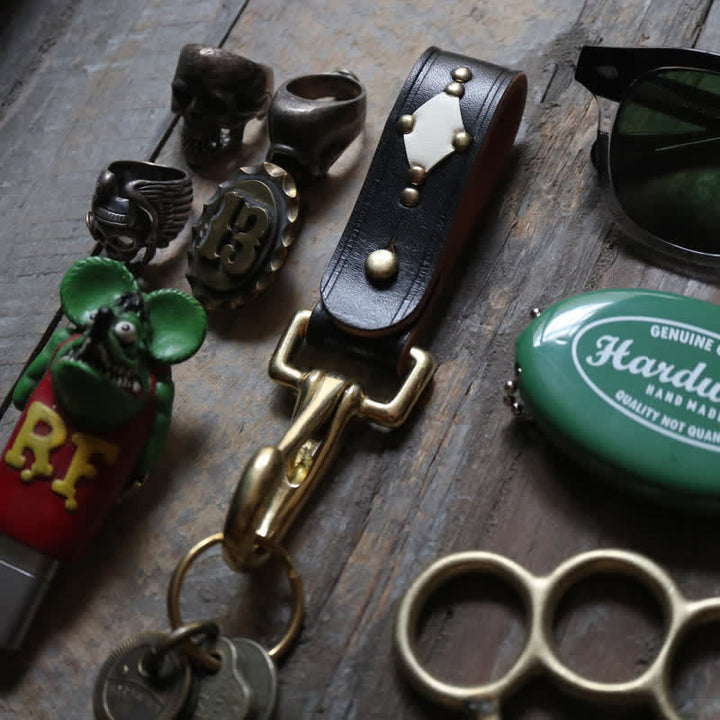 Rivets Studded Brass Key Holder Belt Clip Leather Keychain - image 15