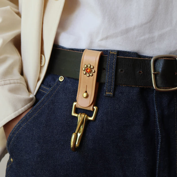 Rivets Studded Brass Key Holder Belt Clip Leather Keychain - image 0