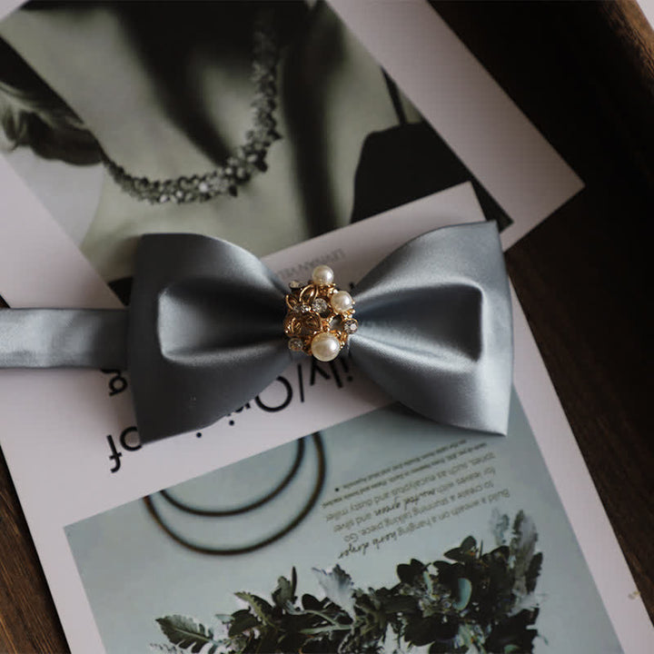 Men's Golden Flowers Imitation Pearl Bow Tie - Silver Gray - image 8