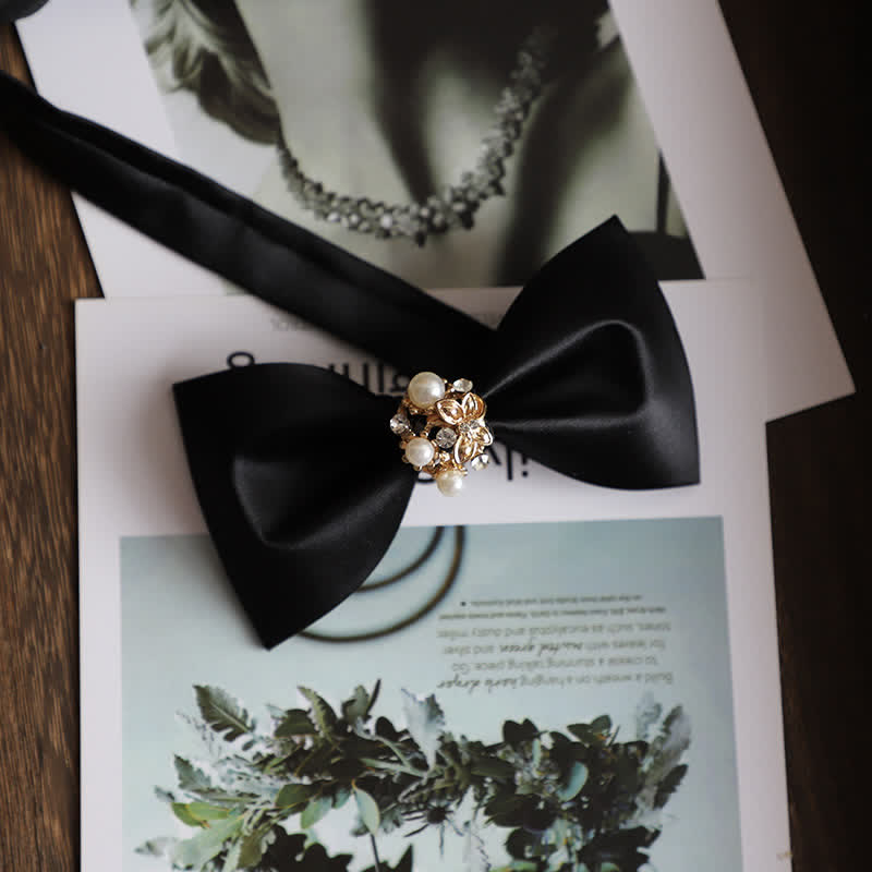 Men's Golden Flowers Imitation Pearl Bow Tie - Black - image 7