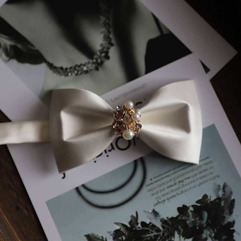 Men's Golden Flowers Imitation Pearl Bow Tie - White - image 10