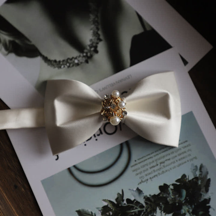 Men's Golden Flowers Imitation Pearl Bow Tie - White - image 10
