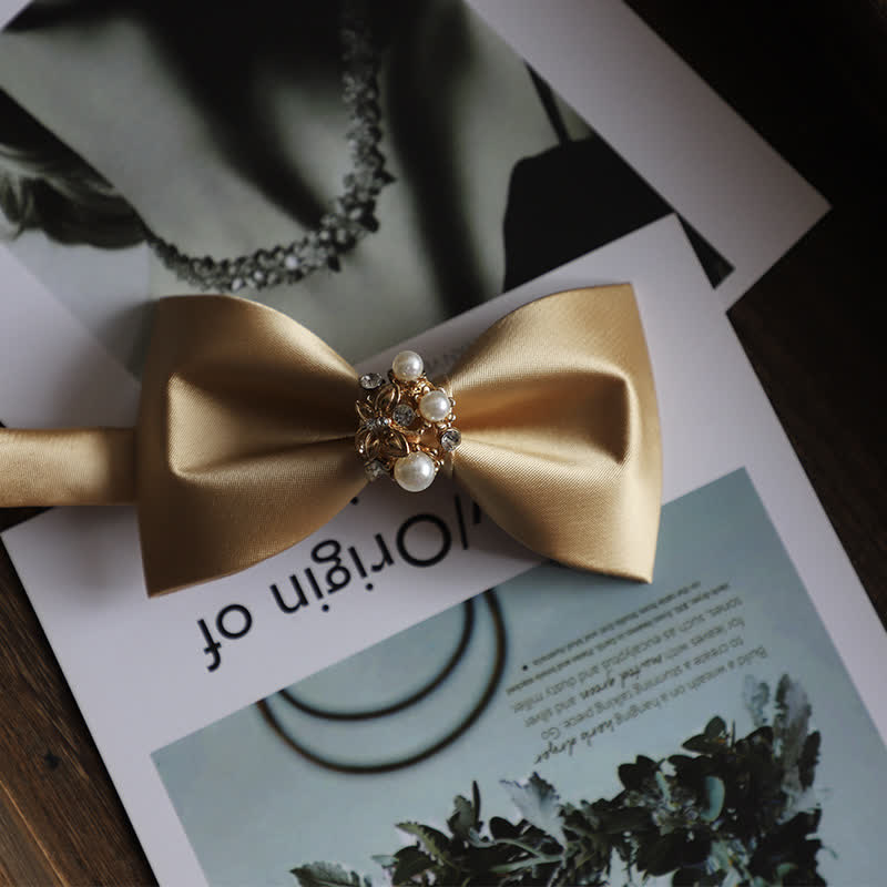Men's Golden Flowers Imitation Pearl Bow Tie - Champagne - image 9
