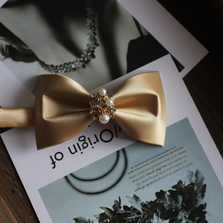 Men's Golden Flowers Imitation Pearl Bow Tie - Champagne - image 9
