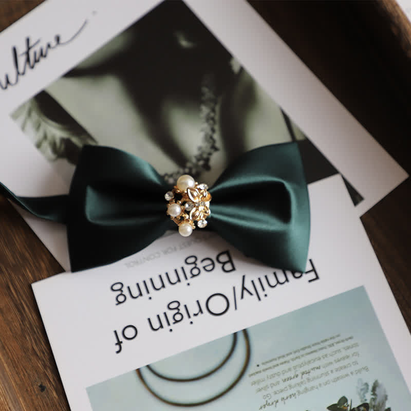 Men's Golden Flowers Imitation Pearl Bow Tie - Dark Green - image 1