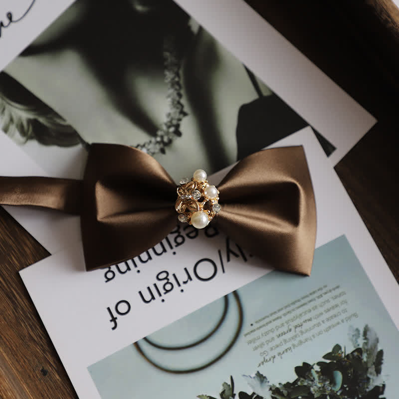 Men's Golden Flowers Imitation Pearl Bow Tie - Coffee - image 6