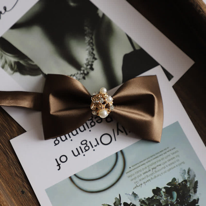 Men's Golden Flowers Imitation Pearl Bow Tie - Coffee - image 6