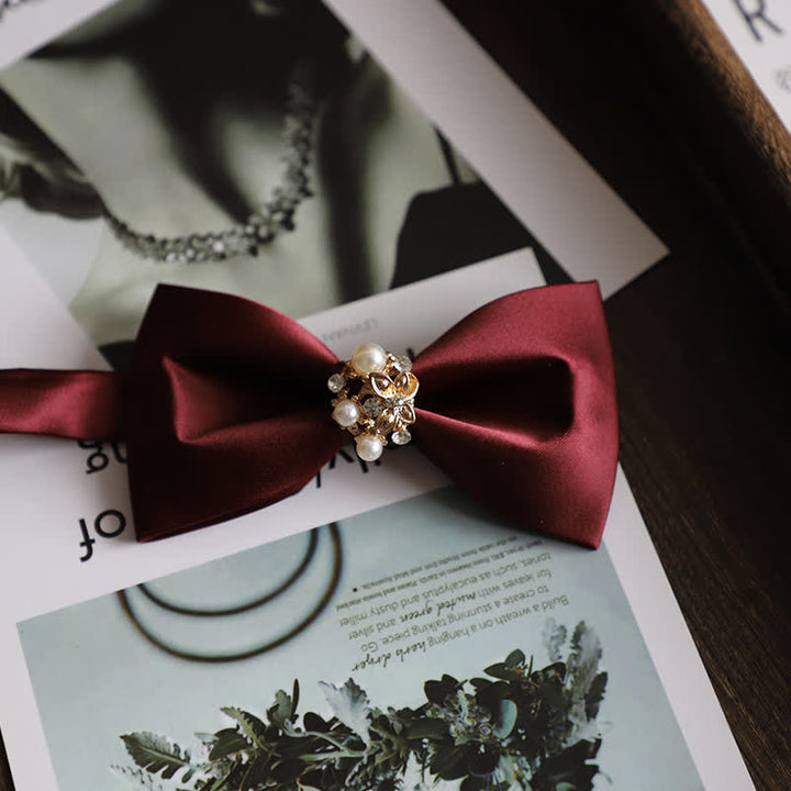 Men's Golden Flowers Imitation Pearl Bow Tie - Burgundy - image 4