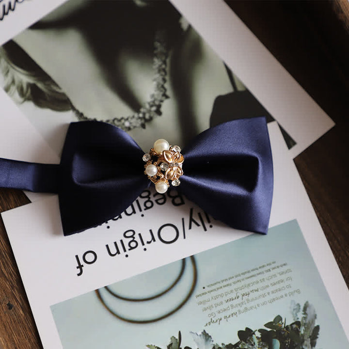 Men's Golden Flowers Imitation Pearl Bow Tie - Navy - image 12