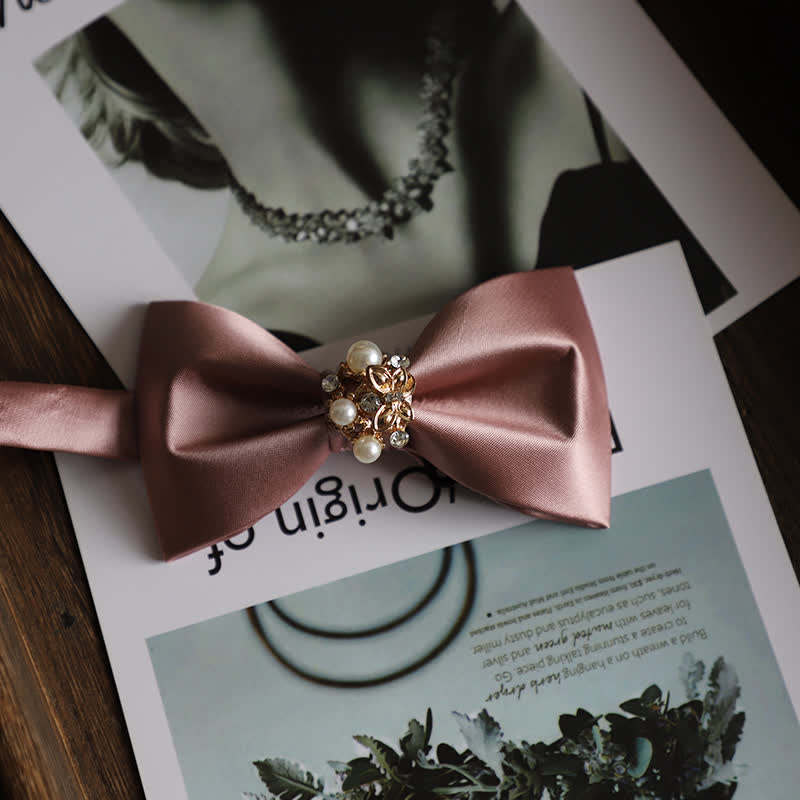 Men's Golden Flowers Imitation Pearl Bow Tie - Pink - image 11