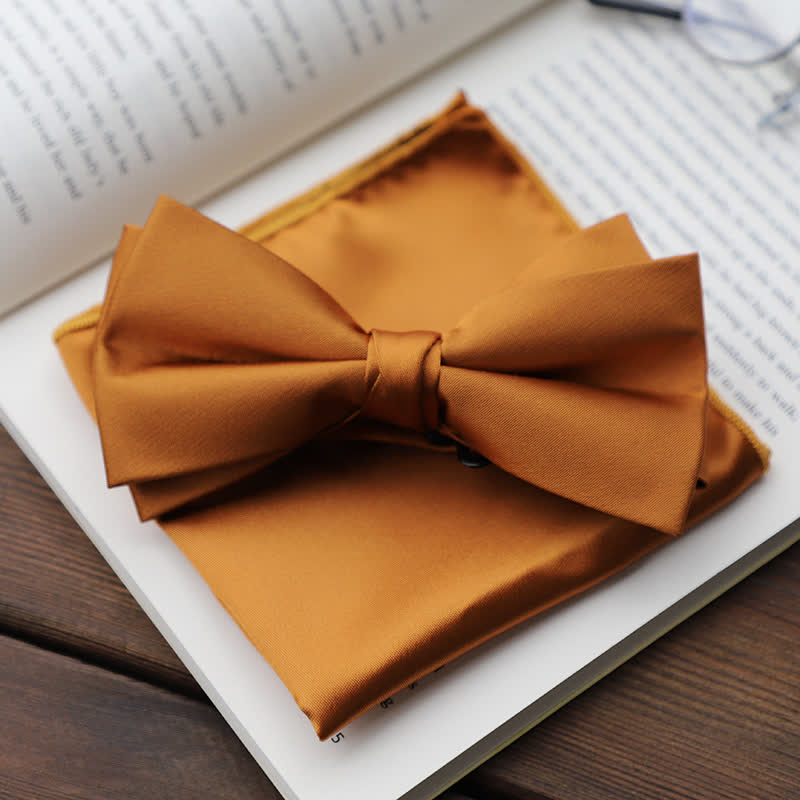 Men's Solid Color Double Layered Handkerchief Bow Tie - Ginger - Bow Tie + Handkerchief - image 16