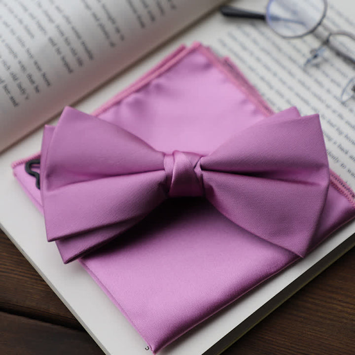 Men's Solid Color Double Layered Handkerchief Bow Tie - Violet - Bow Tie + Handkerchief - image 9