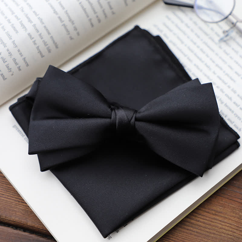 Men's Solid Color Double Layered Handkerchief Bow Tie - Black - Bow Tie + Handkerchief - image 12
