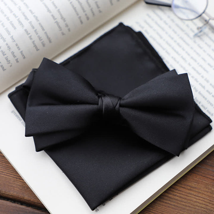 Men's Solid Color Double Layered Handkerchief Bow Tie - Black - Bow Tie + Handkerchief - image 12