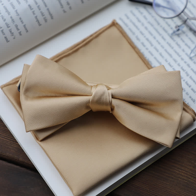 Men's Solid Color Double Layered Handkerchief Bow Tie - Champagne - Bow Tie + Handkerchief - image 18