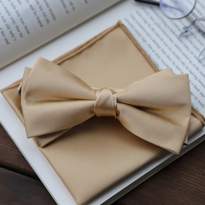 Men's Solid Color Double Layered Handkerchief Bow Tie - Champagne - Bow Tie + Handkerchief - image 18