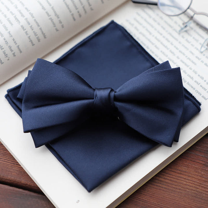Men's Solid Color Double Layered Handkerchief Bow Tie - Navy - Bow Tie + Handkerchief - image 22