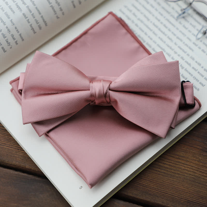 Men's Solid Color Double Layered Handkerchief Bow Tie - Pink - Bow Tie + Handkerchief - image 20