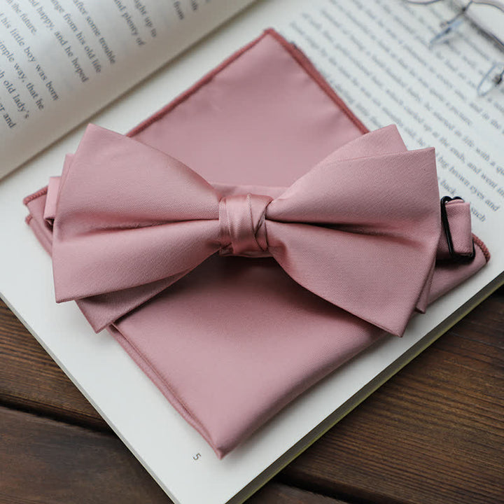 Men's Solid Color Double Layered Handkerchief Bow Tie - Pink - Bow Tie + Handkerchief - image 20