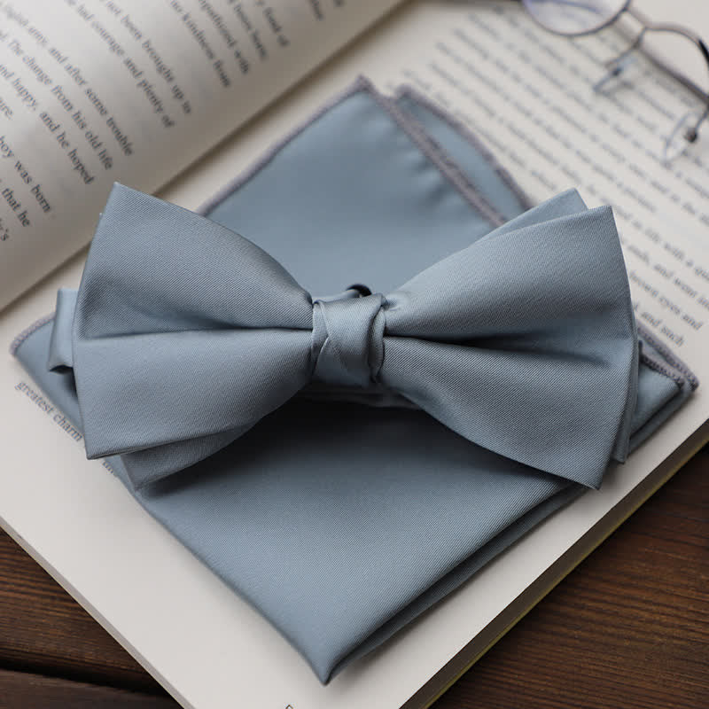 Men's Solid Color Double Layered Handkerchief Bow Tie - Silver Gray - Bow Tie + Handkerchief - image 14