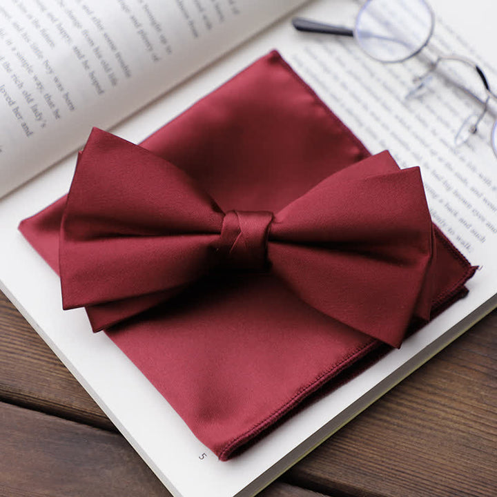Men's Solid Color Double Layered Handkerchief Bow Tie - Burgundy - Bow Tie + Handkerchief - image 2