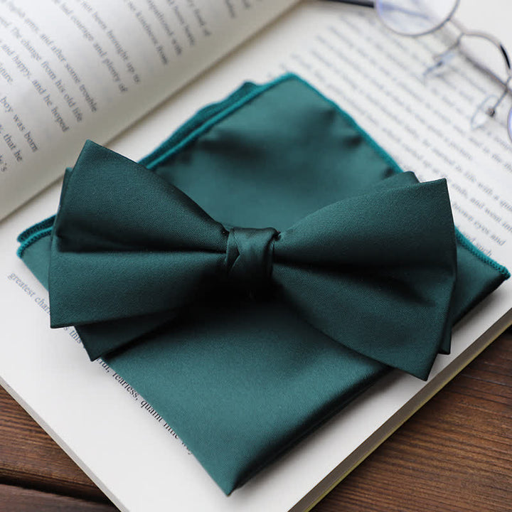 Men's Solid Color Double Layered Handkerchief Bow Tie - Dark Green - Bow Tie + Handkerchief - image 6