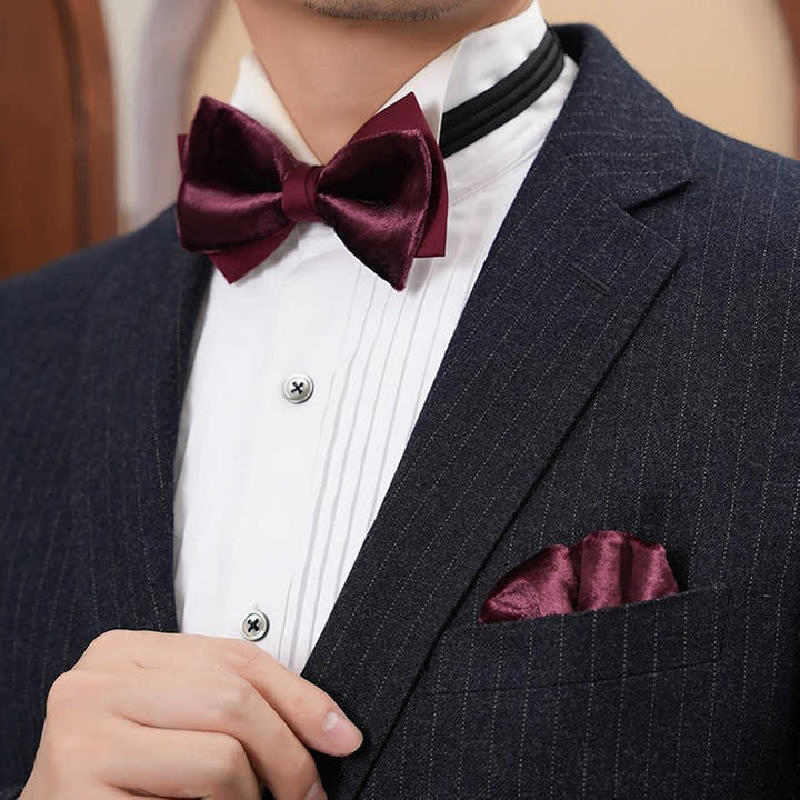 Men's Romantic Velvet Burgundy Handkerchief Bow Tie - image 4