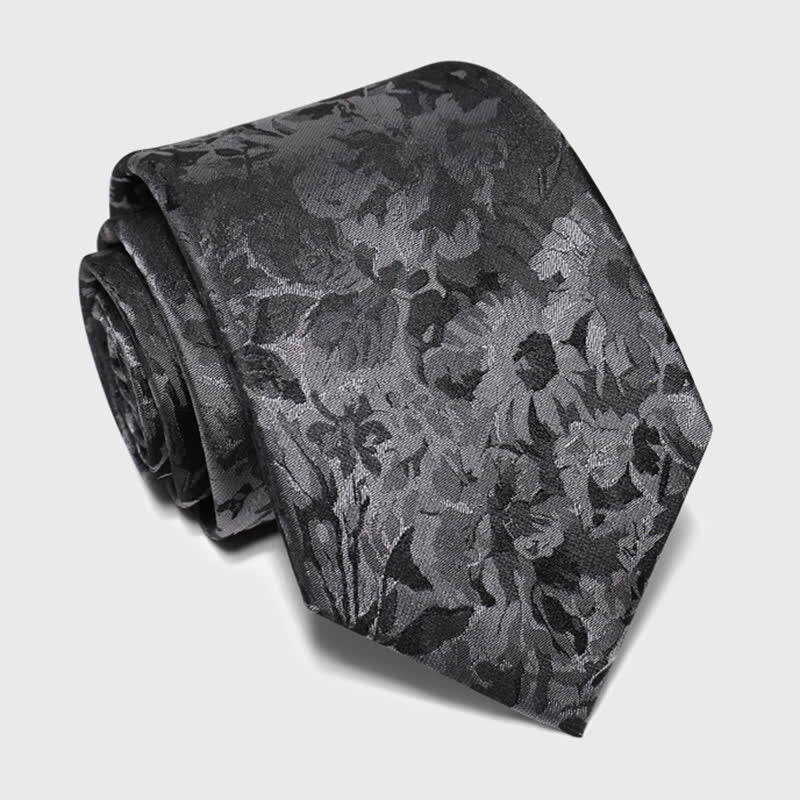 Men's Dark Gray & Black Floral Pure Silk Necktie - image 2