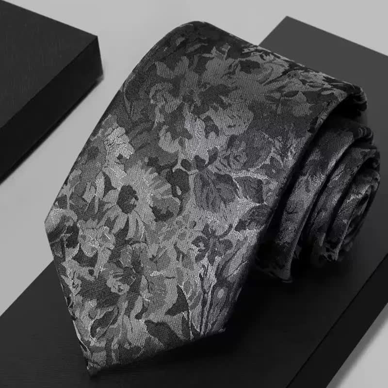 Men's Dark Gray & Black Floral Pure Silk Necktie - Dark Gray - image 0