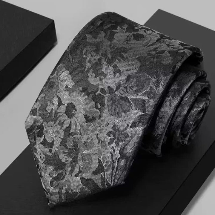 Men's Dark Gray & Black Floral Pure Silk Necktie - Dark Gray - image 0