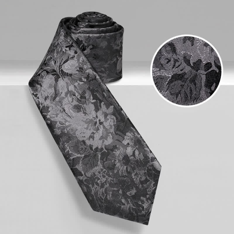 Men's Dark Gray & Black Floral Pure Silk Necktie - image 1
