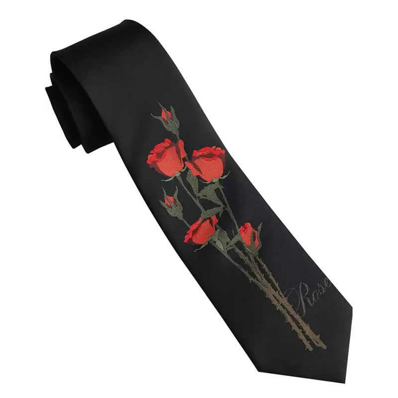 Men's Romantic Black A Bunch Of Red Roses Pattern Necktie - image 5