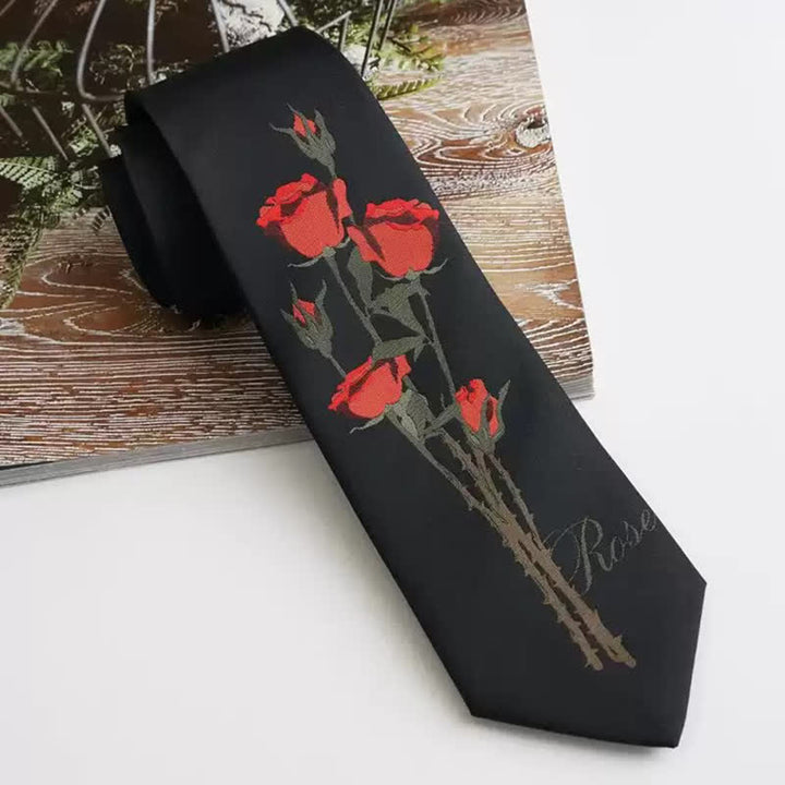 Men's Romantic Black A Bunch Of Red Roses Pattern Necktie - Black & Red - image 0