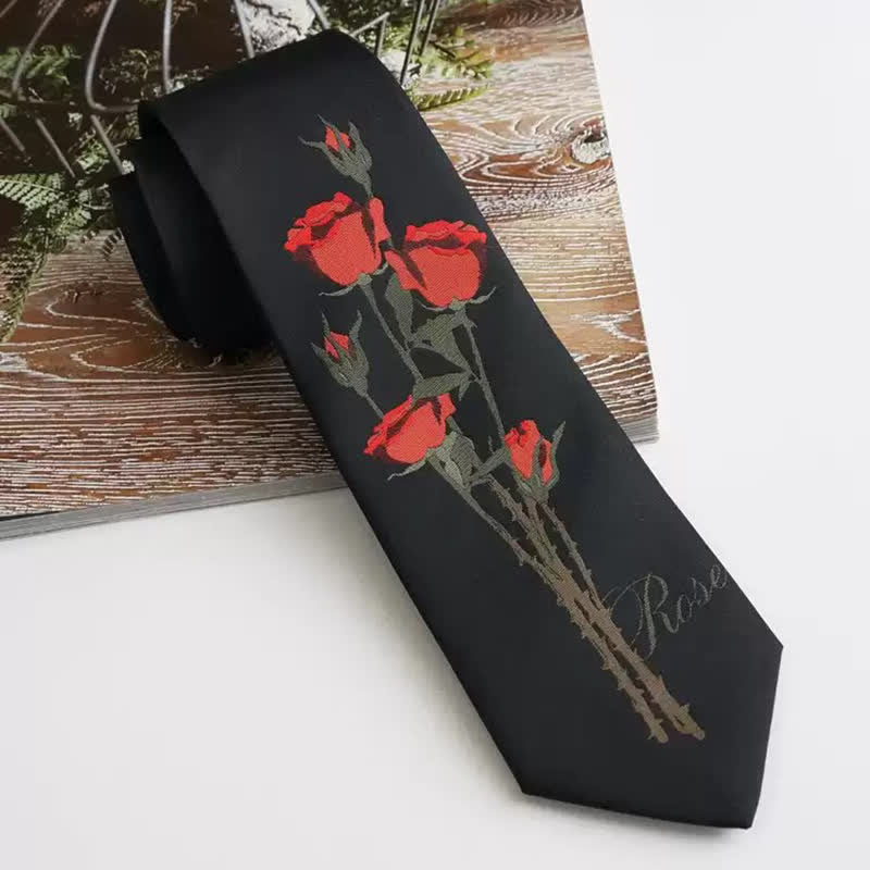Men's Romantic Black A Bunch Of Red Roses Pattern Necktie - Black & Red - image 0