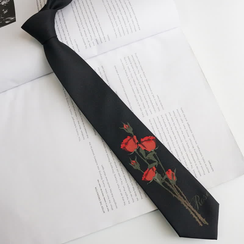 Men's Romantic Black A Bunch Of Red Roses Pattern Necktie - image 1